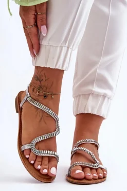 Wsuwane Sandały Damskie Z Ozdobami Srebrne Hayen Damskie Sandały Płaskie