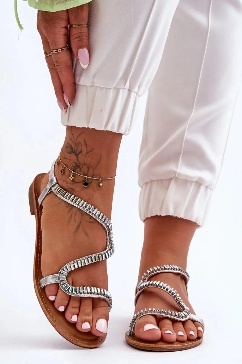 Wsuwane Sandały Damskie Z Ozdobami Srebrne Hayen Damskie Sandały Płaskie