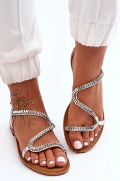 Wsuwane Sandały Damskie Z Ozdobami Srebrne Hayen Damskie Sandały Płaskie