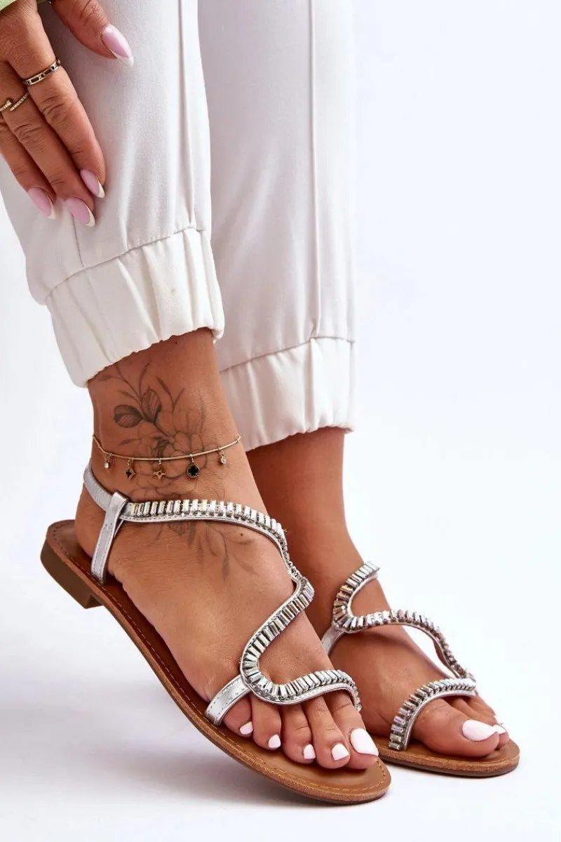 Wsuwane Sandały Damskie Z Ozdobami Srebrne Hayen Damskie Sandały Płaskie