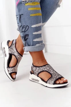 Sandały Na Koturnie|Sandały Płaskie>Damskie buty S.Barski Wsuwane Sandały Na Koturnie Srebrne Z Brokatem Zoey