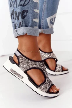 Sandały Na Koturnie|Sandały Płaskie>Damskie buty S.Barski Wsuwane Sandały Na Koturnie Srebrne Z Brokatem Zoey