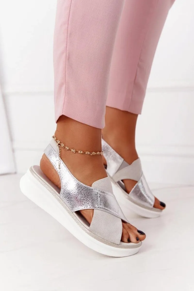 Online Buty Sergio Leone Wsuwane Sandały Na Platformie Sergio Leone SK029 Biało-Srebrne