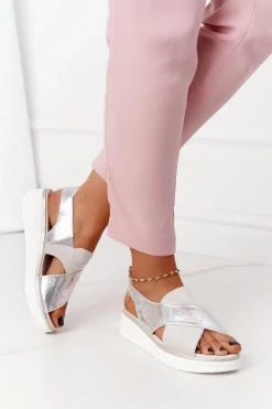 Online Buty Sergio Leone Wsuwane Sandały Na Platformie Sergio Leone SK029 Biało-Srebrne