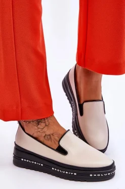 Wsuwane Skórzane Trampki Na Platformie Beżowe Madeline Damskie Trampki Damskie Slip-On|Trampki Damskie Niskie