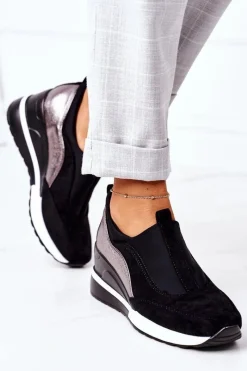 Discount Wsuwane Sneakersy Na Koturnie Vinceza 10593 Czarno-Srebrne Damskie Sneakersy Damskie