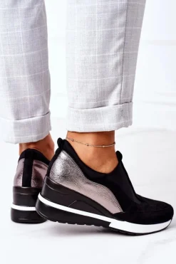 Discount Wsuwane Sneakersy Na Koturnie Vinceza 10593 Czarno-Srebrne Damskie Sneakersy Damskie