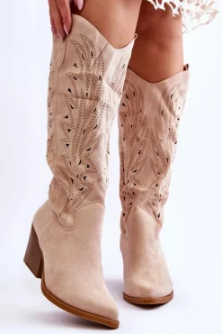 Discount Wsuwane Zamszowe Ażurowe Kozaki Beżowe Elavi Damskie Kozaki Ażurowe|Kozaki Przed Kolano
