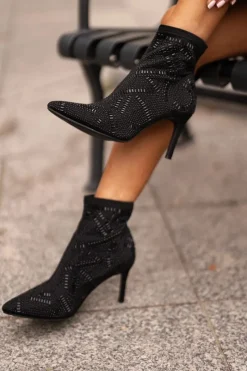 Czarne Botki|Botki Na Obcasie>Boto Wsuwane Zdobione Botki Na Szpilce S.Barski HY42-161 Czarne