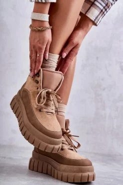 Botki Sznurowane|Brązowe I Beżowe Botki>Boto Wygodne Botki Na Platformie Ciemnobeżowe Sanchio
