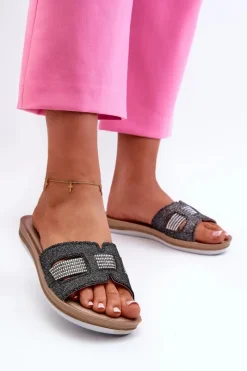 Klapki Damskie Klasyczne>INBLU Wygodne Błyszczące Klapki Damskie BA000050 Czarne Czarny