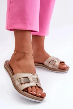 Outlet Wygodne Błyszczące Klapki Damskie BA000050 Złote Damskie Klapki Damskie Klasyczne