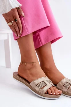 Outlet Wygodne Błyszczące Klapki Damskie BA000050 Złote Damskie Klapki Damskie Klasyczne