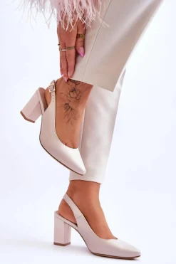 Outlet Buty Sergio Leone Wygodne Czółenka Na Słupku Sergio Leone SK162 Perłowe Beżowe