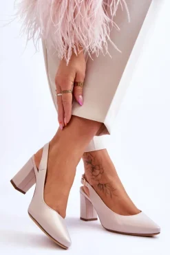 Outlet Buty Sergio Leone Wygodne Czółenka Na Słupku Sergio Leone SK162 Perłowe Beżowe