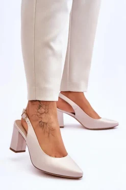 Outlet Buty Sergio Leone Wygodne Czółenka Na Słupku Sergio Leone SK162 Perłowe Beżowe