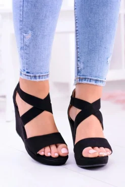 Hot Wygodne Damskie Czarne Sandały Koturny Mirabet Damskie Sandały Na Koturnie