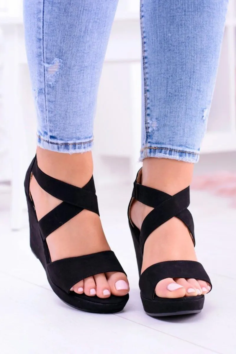 Hot Wygodne Damskie Czarne Sandały Koturny Mirabet Damskie Sandały Na Koturnie