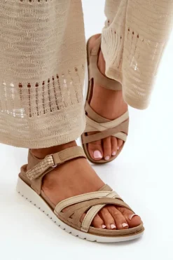 Clearance Wygodne I Lekkie Sandały Damskie Na Rzep CN000041 Beżowo-Złote Damskie Sandały Na Koturnie|Sandały Płaskie