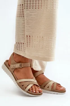 Clearance Wygodne I Lekkie Sandały Damskie Na Rzep CN000041 Beżowo-Złote Damskie Sandały Na Koturnie|Sandały Płaskie