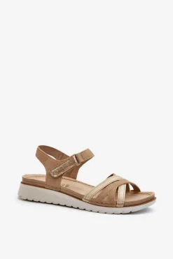 Clearance Wygodne I Lekkie Sandały Damskie Na Rzep CN000041 Beżowo-Złote Damskie Sandały Na Koturnie|Sandały Płaskie