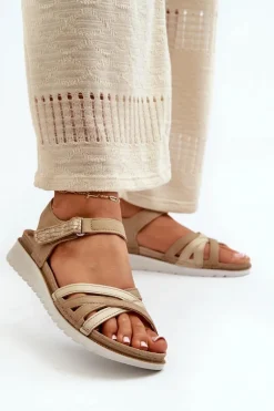 Clearance Wygodne I Lekkie Sandały Damskie Na Rzep CN000041 Beżowo-Złote Damskie Sandały Na Koturnie|Sandały Płaskie