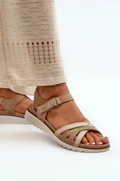 Clearance Wygodne I Lekkie Sandały Damskie Na Rzep CN000041 Beżowo-Złote Damskie Sandały Na Koturnie|Sandały Płaskie