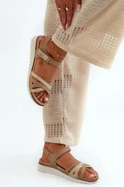 Clearance Wygodne I Lekkie Sandały Damskie Na Rzep CN000041 Beżowo-Złote Damskie Sandały Na Koturnie|Sandały Płaskie