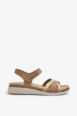 Clearance Wygodne I Lekkie Sandały Damskie Na Rzep CN000041 Beżowo-Złote Damskie Sandały Na Koturnie|Sandały Płaskie