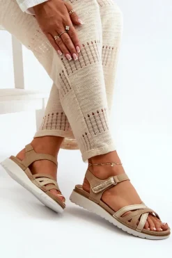 Clearance Wygodne I Lekkie Sandały Damskie Na Rzep CN000041 Beżowo-Złote Damskie Sandały Na Koturnie|Sandały Płaskie