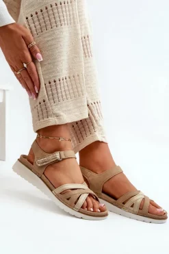 Clearance Wygodne I Lekkie Sandały Damskie Na Rzep CN000041 Beżowo-Złote Damskie Sandały Na Koturnie|Sandały Płaskie