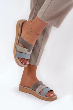 Discount Evento Wygodne Klapki Damskie Beżowo-Niebieskie Oxena