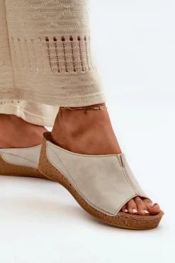 Wygodne Klapki Damskie Na Koturnie NG000002 Beżowe Damskie Klapki Na Koturnie|Klapki Na Obcasie