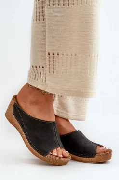 Outlet Wygodne Klapki Damskie Na Koturnie NG000002 Czarne Damskie Klapki Na Obcasie|Klapki Na Koturnie