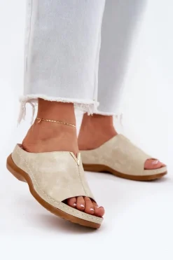 Online Wygodne Klapki Damskie Na Koturnie Złote Claribelle Damskie Klapki Na Koturnie|Klapki Na Platformie