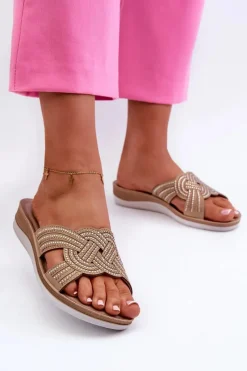 Clearance Wygodne Klapki Damskie Z Cyrkoniami BV000037 Beżowe Damskie Klapki Damskie Klasyczne