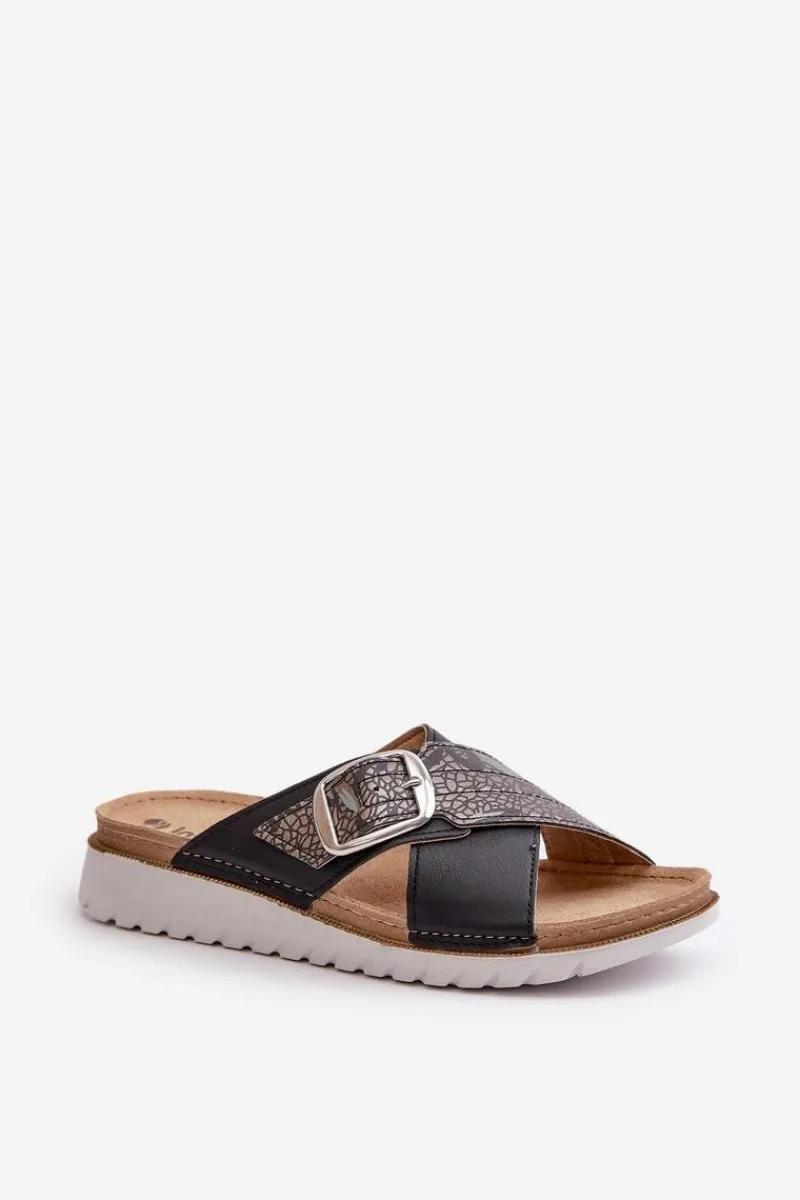 INBLU Wygodne Klapki Damskie Z Klamrą CN000032 Czarne Czarny