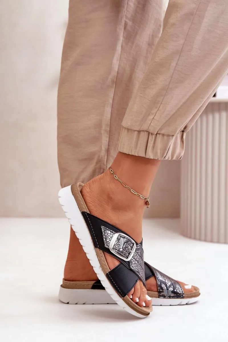 INBLU Wygodne Klapki Damskie Z Klamrą CN000032 Czarne Czarny