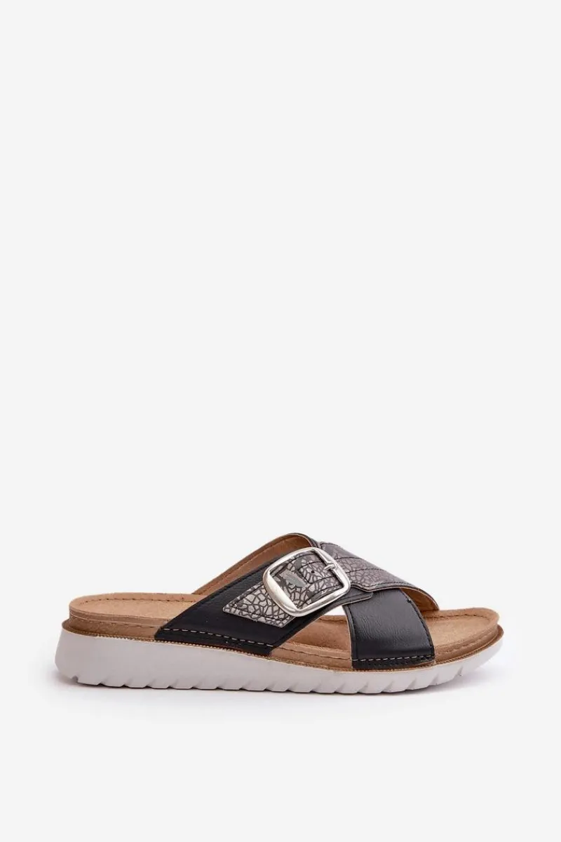 INBLU Wygodne Klapki Damskie Z Klamrą CN000032 Czarne Czarny