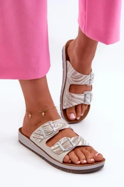 Hot Wygodne Klapki Damskie Z Klamrami CP000045 Beżowe Damskie Klapki Damskie Klasyczne