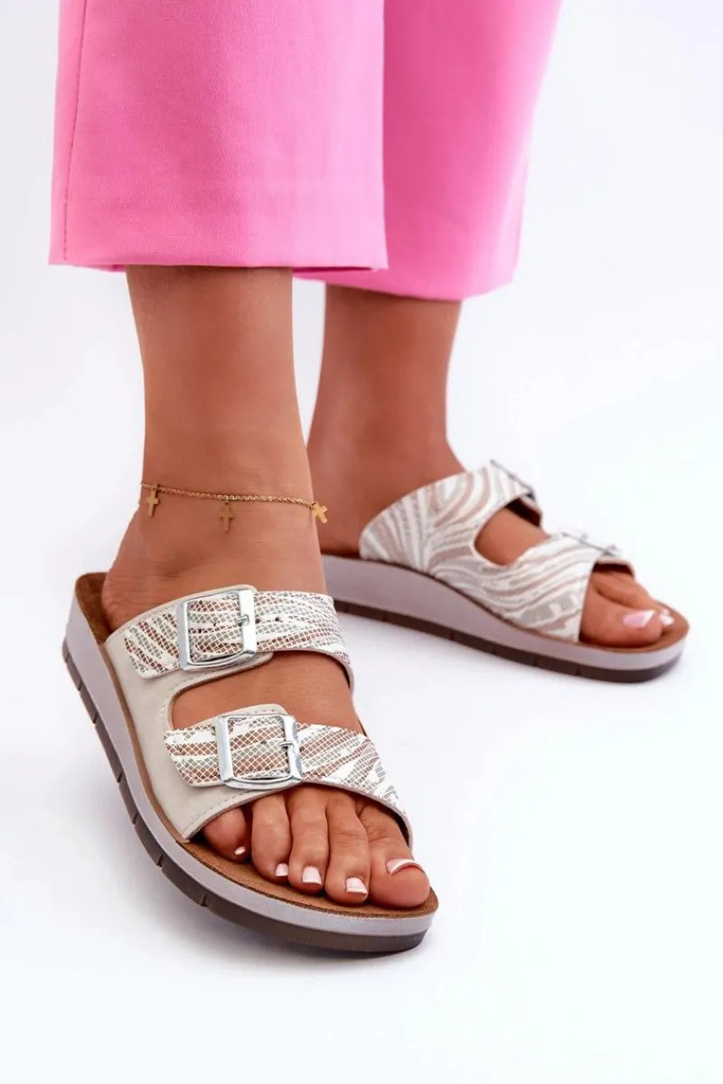 Hot Wygodne Klapki Damskie Z Klamrami CP000045 Beżowe Damskie Klapki Damskie Klasyczne