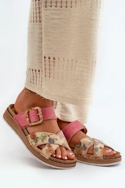 Klapki Damskie Klasyczne>INBLU Wygodne Klapki Damskie Z Klamrą W Kwiaty GS000051 Różowe