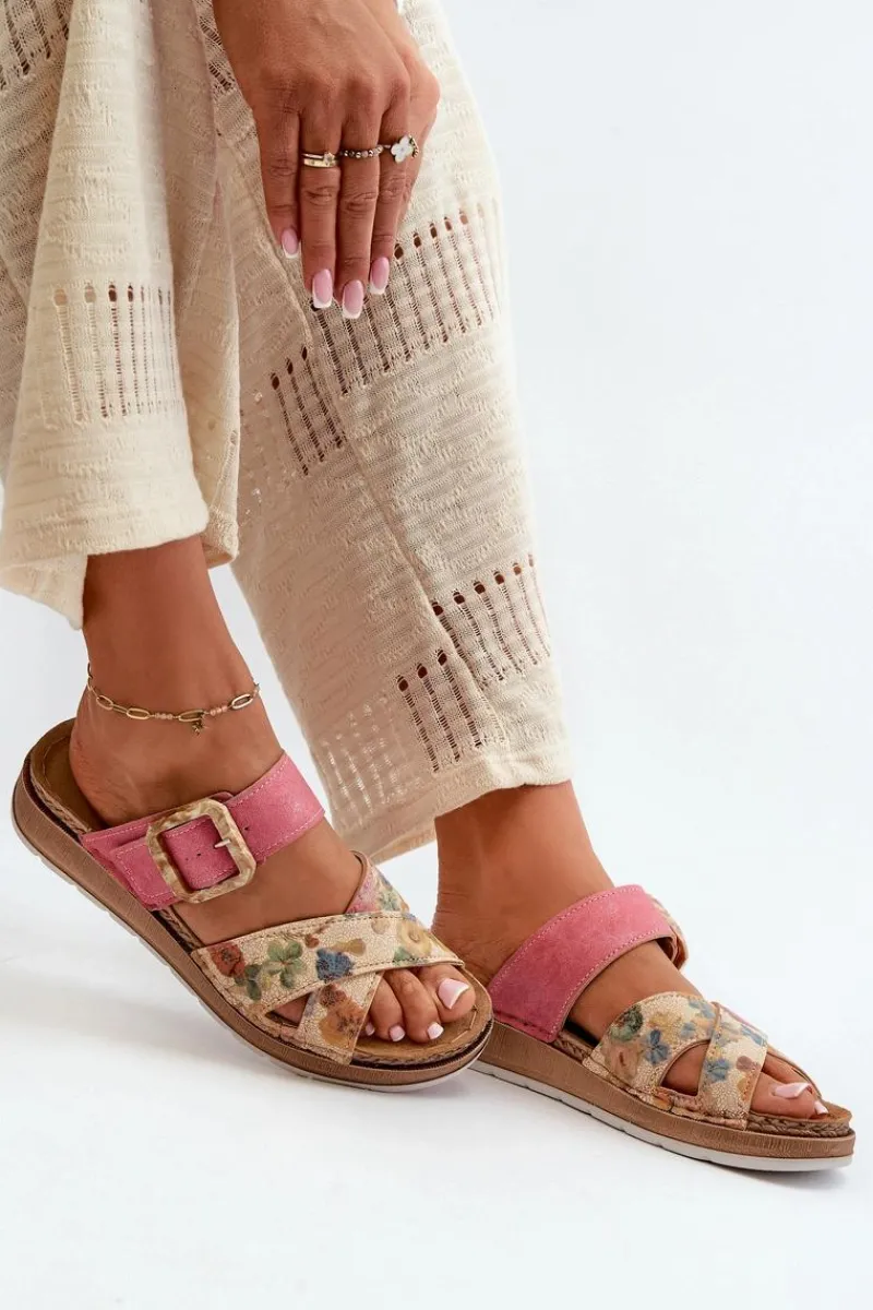 Klapki Damskie Klasyczne>INBLU Wygodne Klapki Damskie Z Klamrą W Kwiaty GS000051 Różowe