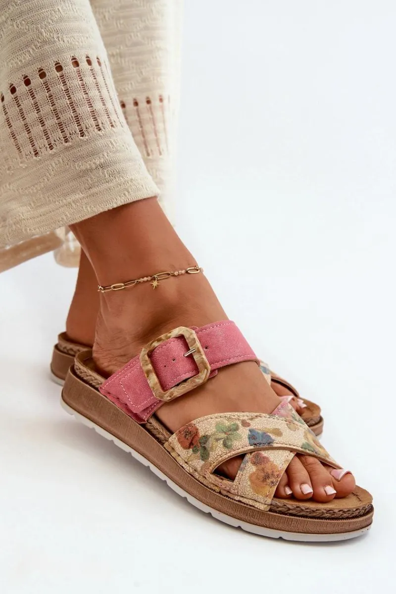 Klapki Damskie Klasyczne>INBLU Wygodne Klapki Damskie Z Klamrą W Kwiaty GS000051 Różowe