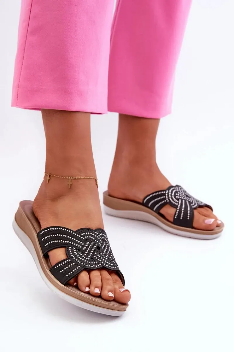 INBLU Wygodne Klapki Damskie Z Cyrkoniami BV000037 Czarne Czarny