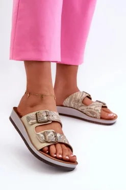 Outlet INBLU Wygodne Klapki Damskie Z Klamrami CP000045 Złote Złoty