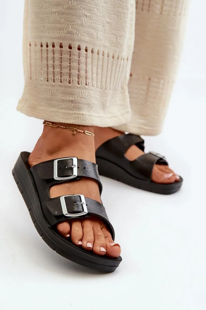 Wygodne Klapki Damskie Z Klamrami CP000034 Czarne Damskie Klapki Damskie Klasyczne