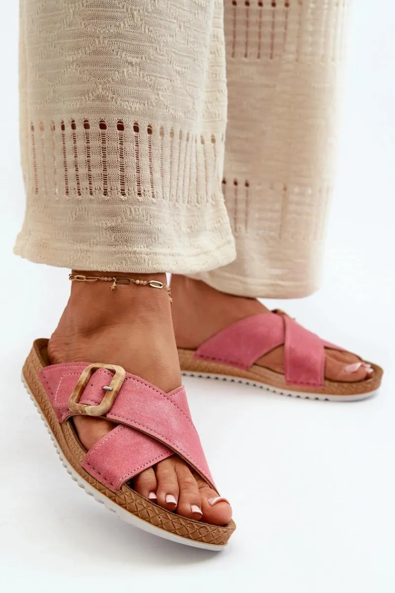 Klapki Damskie Klasyczne>INBLU Wygodne Klapki Damskie Z Klamrą VO000012 Różowe