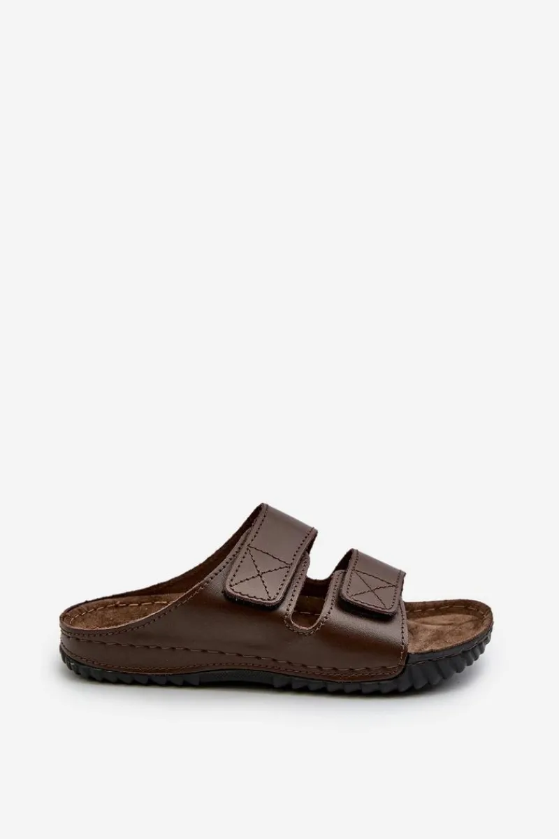 Klapki Męskie Klasyczne>INBLU Wygodne Klapki Męskie Z Paskami Na Rzepy FM00001U Ciemnobrązowe Brązowy