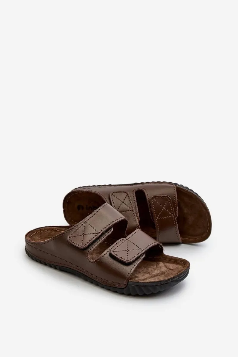 Klapki Męskie Klasyczne>INBLU Wygodne Klapki Męskie Z Paskami Na Rzepy FM00001U Ciemnobrązowe Brązowy